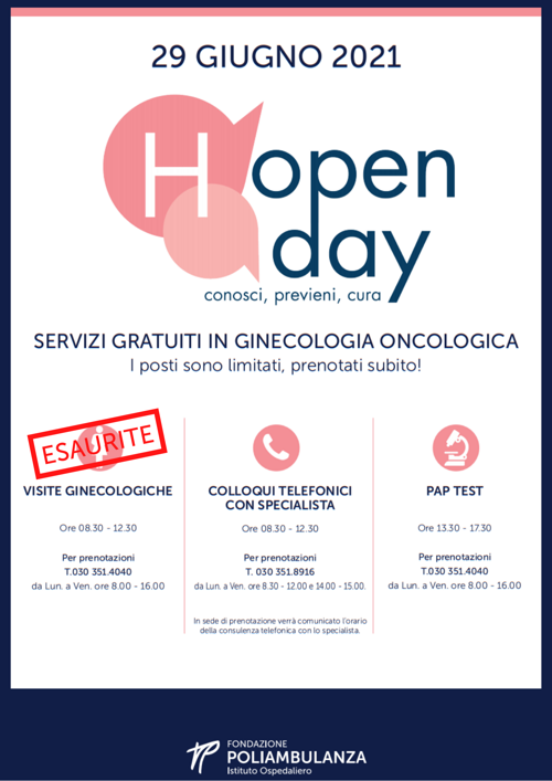29 giugno 2021 (H)-Open Day in Poliambulanza - servizi gratuiti di ginecologia oncologica 