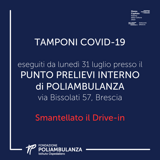 Chiuso da lunedì 31 luglio il drive-in per l’esecuzione dei tamponi covid19, le attività proseguono nel Punto Prelievi interno